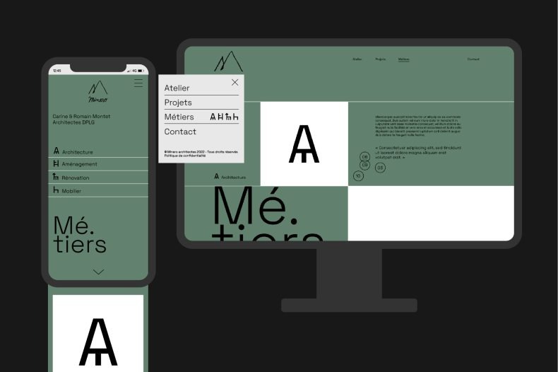 Identité visuelle web UX / UI photographies d'espaces pictogrammes pour Minero Architectes